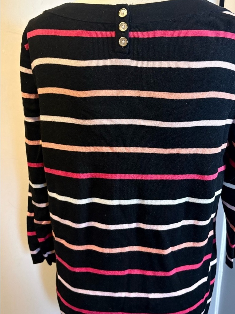 Men's Black Striped Sweater with Pink and Cream Accents